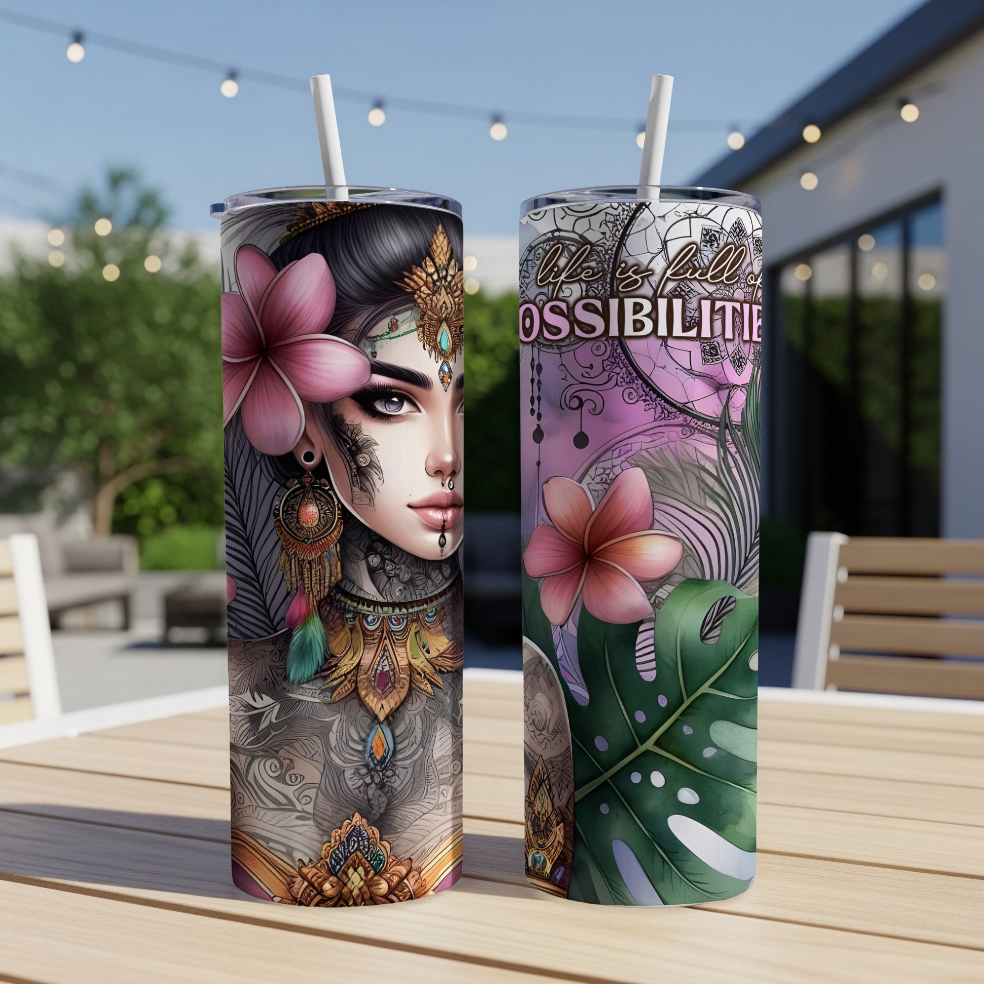 Two detailed tumblers with tribal-inspired art and floral accents.