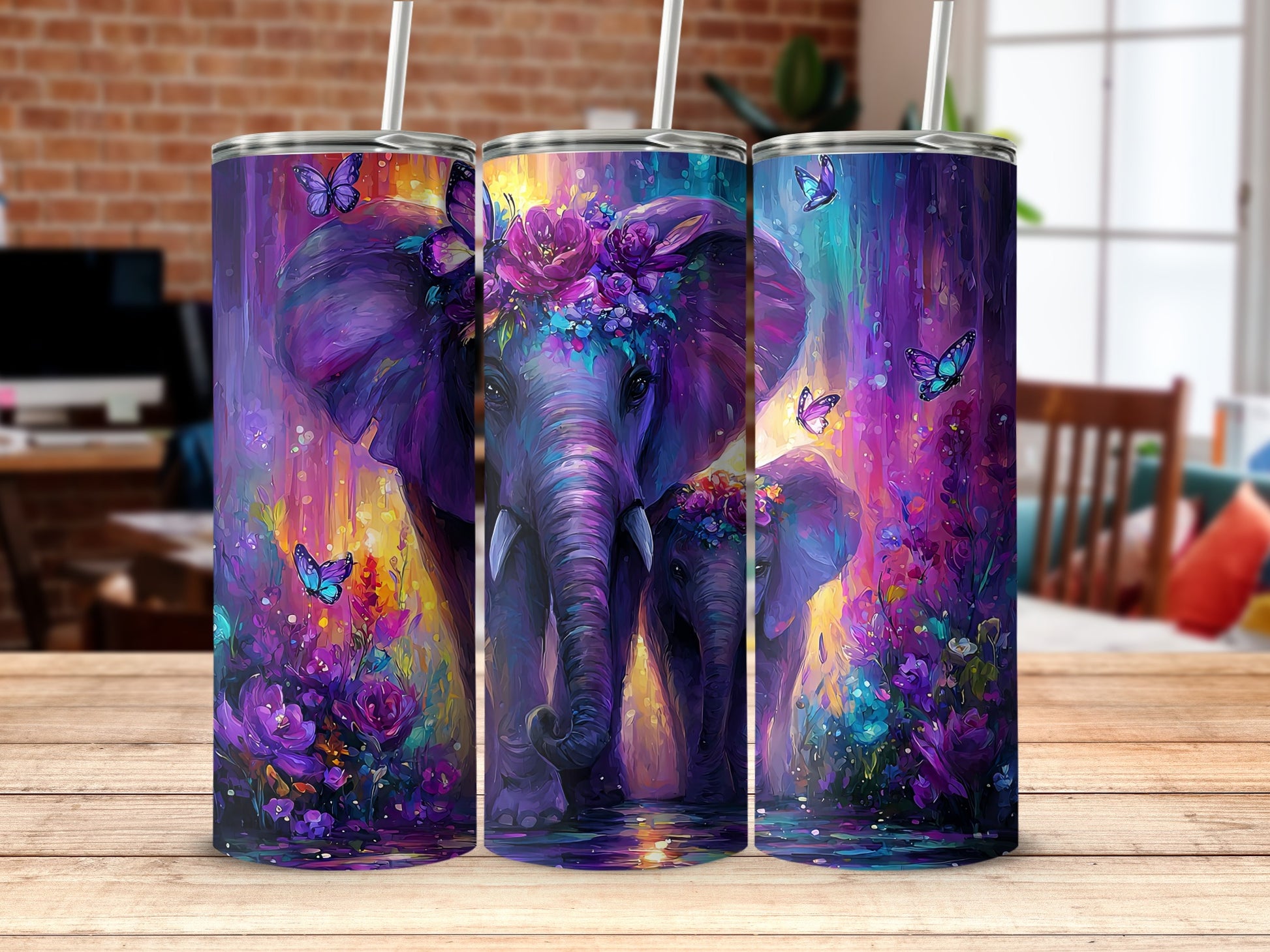 Colorful Elephant and Flowers Design Tumbler Cup