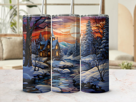Winter church scene with snow-covered trees and a winding river.