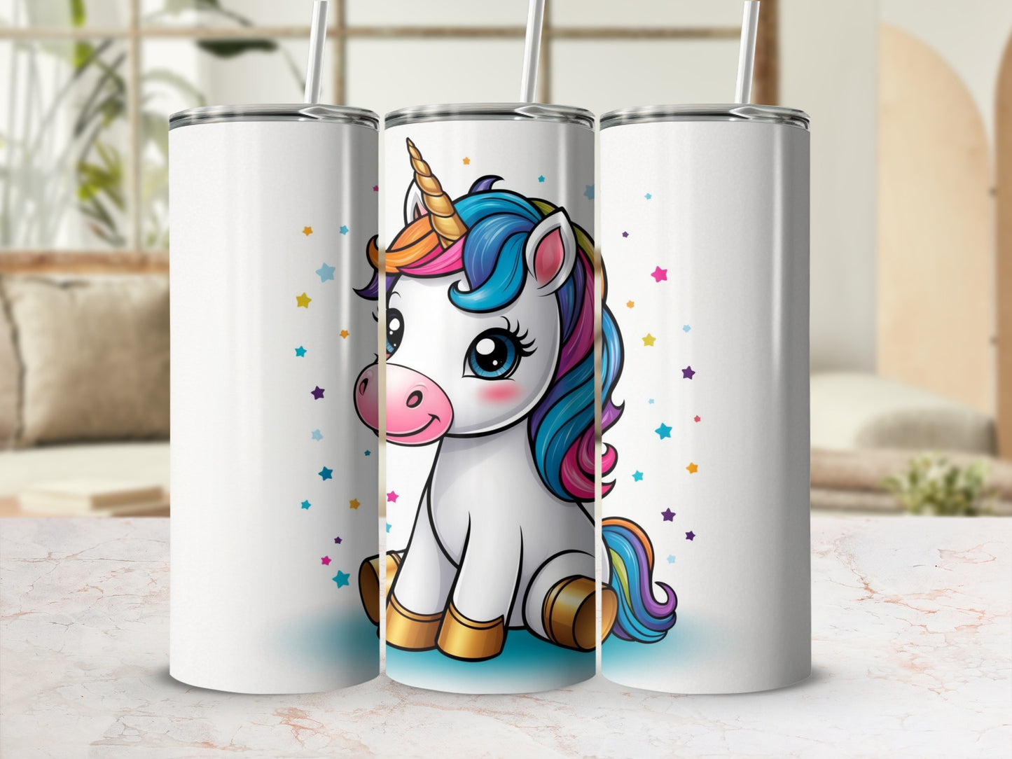 White tumblers with a cartoon unicorn design and colorful stars.