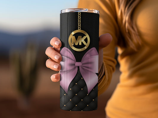 Chic Black Tumbler with Pink Bow and Gold Pendant Design