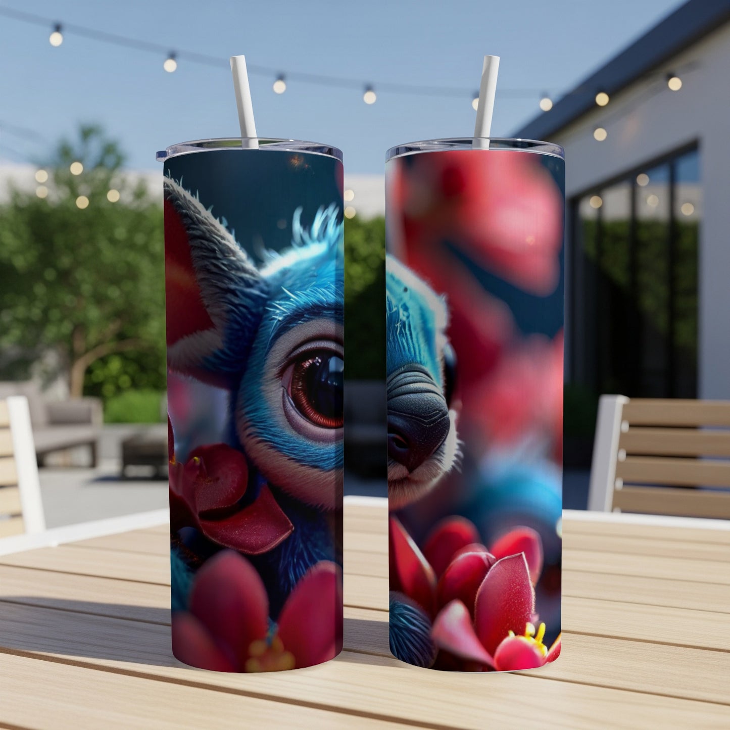 Blue cartoon character with large eyes on a patterned tumbler.