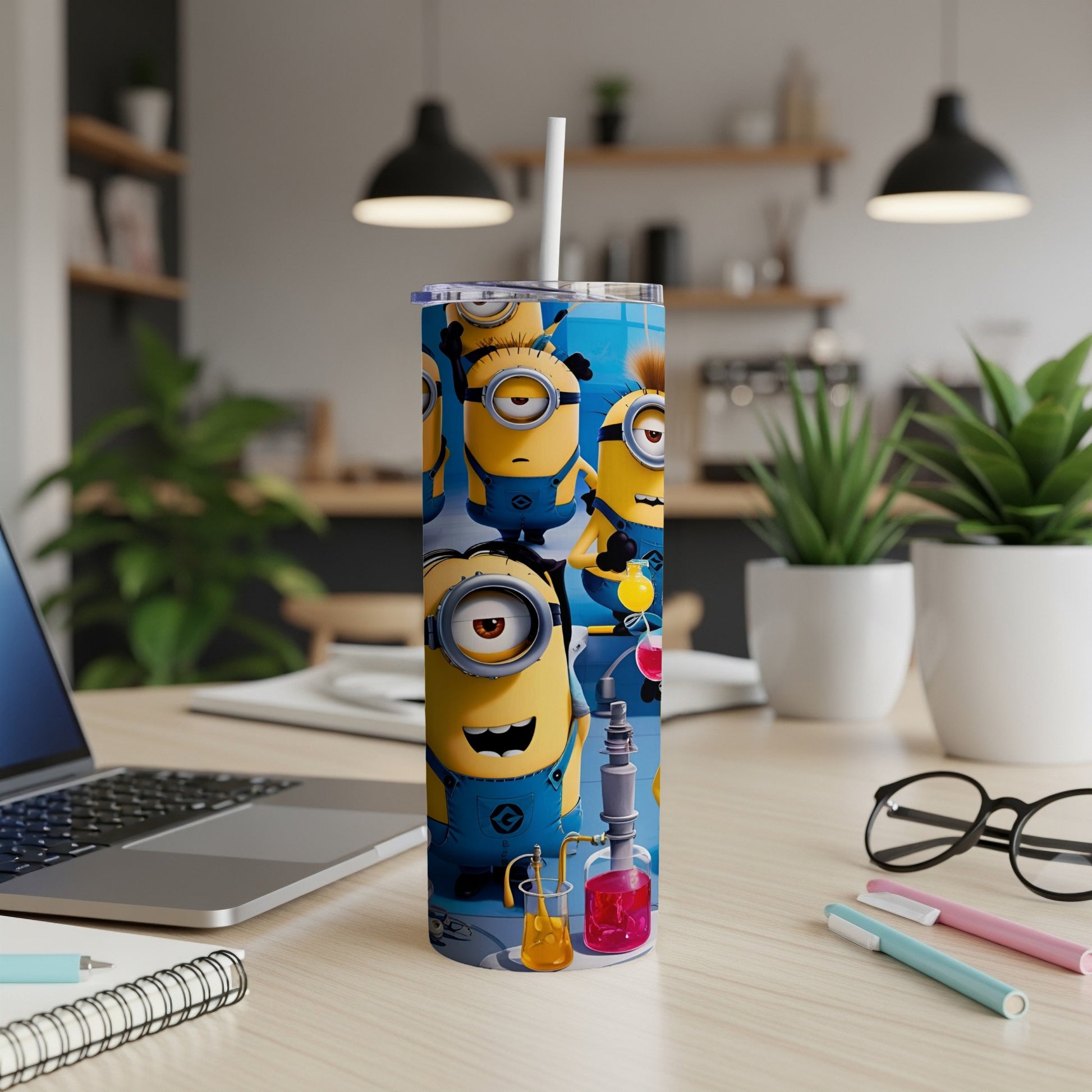 Minions in lab coats mixing potions in a blue-themed tumbler.