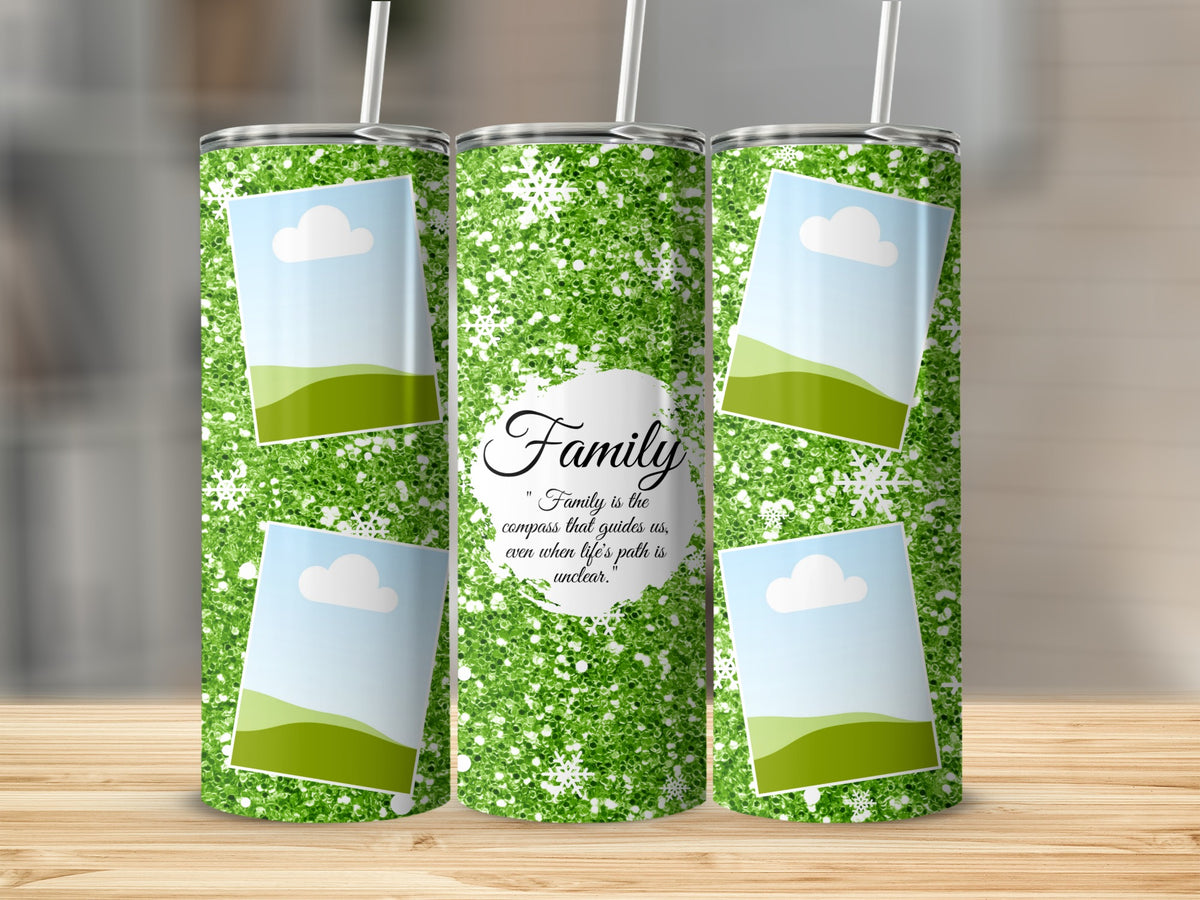 Three glittery green tumblers with snowflakes and photo frames.