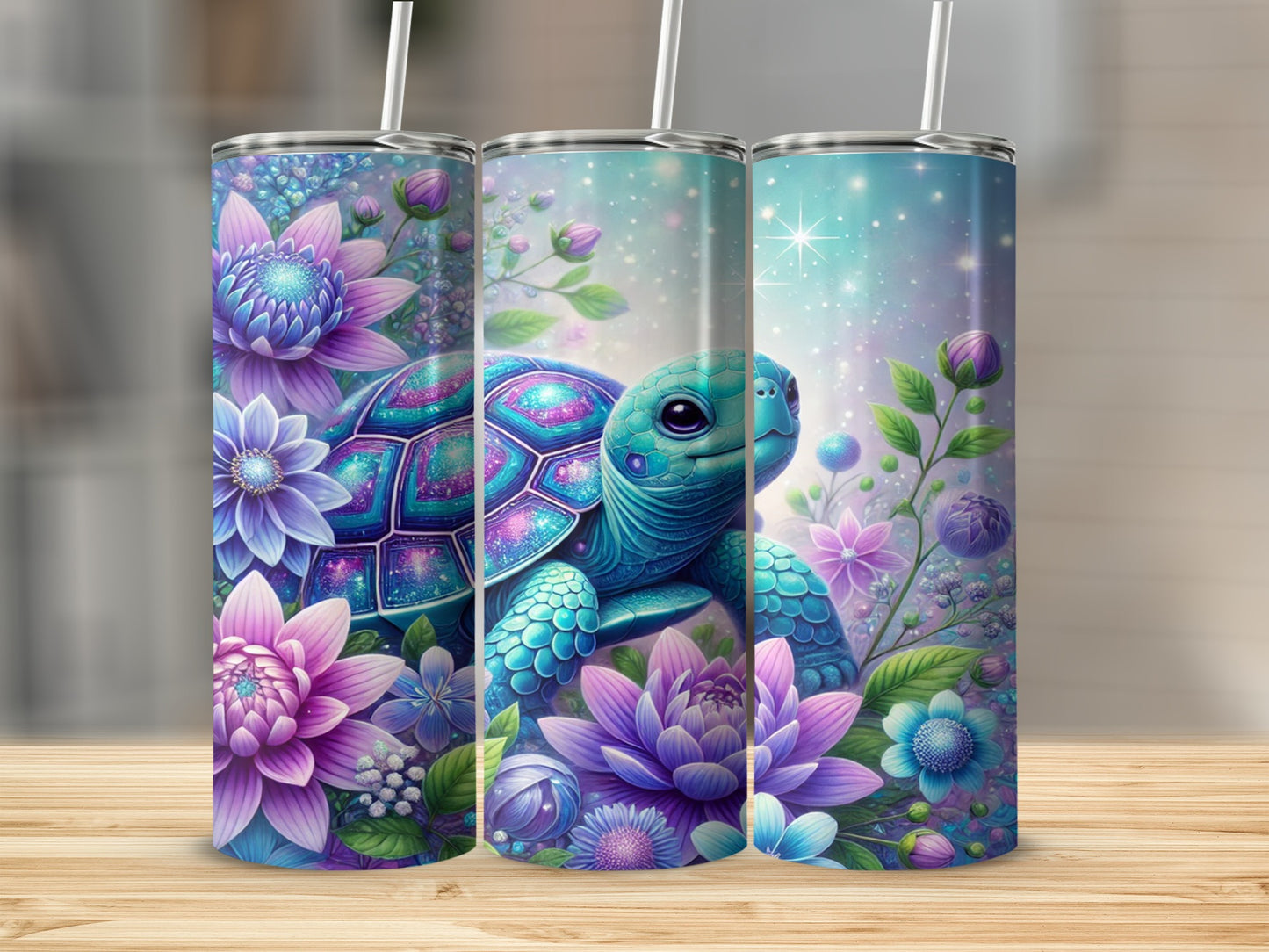 Colorful Turtle and Floral Design Insulated Tumbler