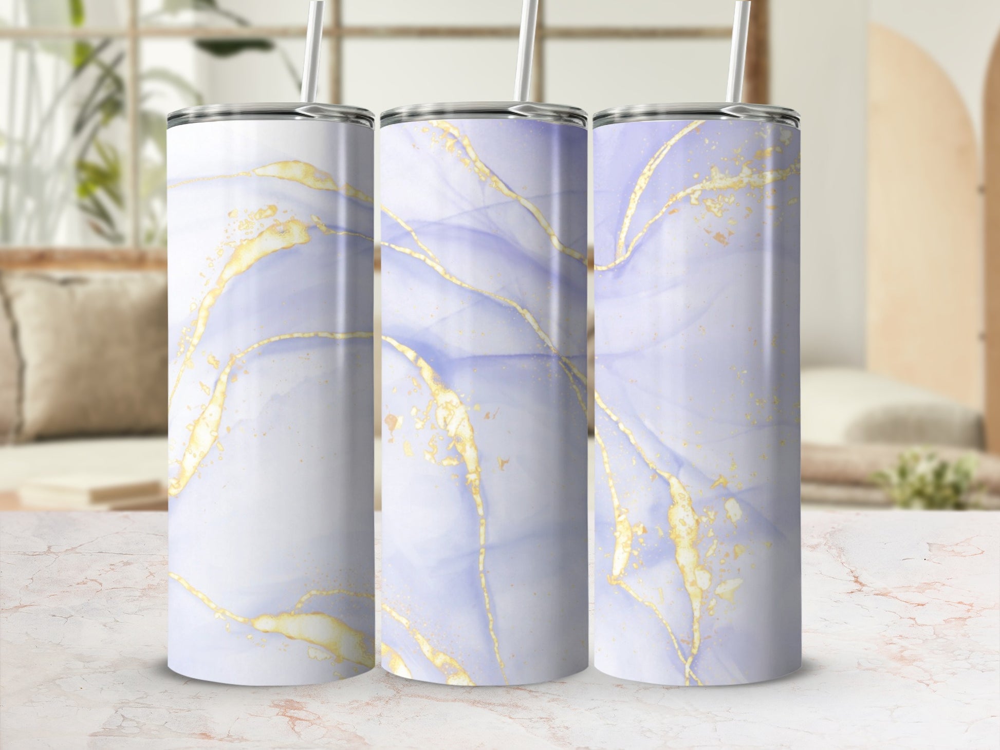 Three tumblers with marbled purple and gold abstract design.