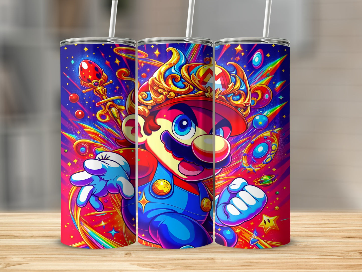 Mario in a colorful, abstract style with a crown and stars.