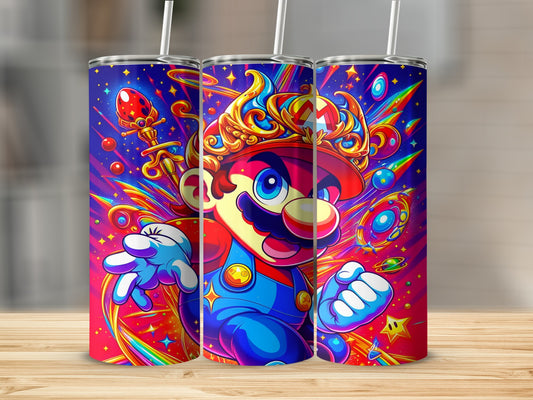 Mario in a colorful, abstract style with a crown and stars.