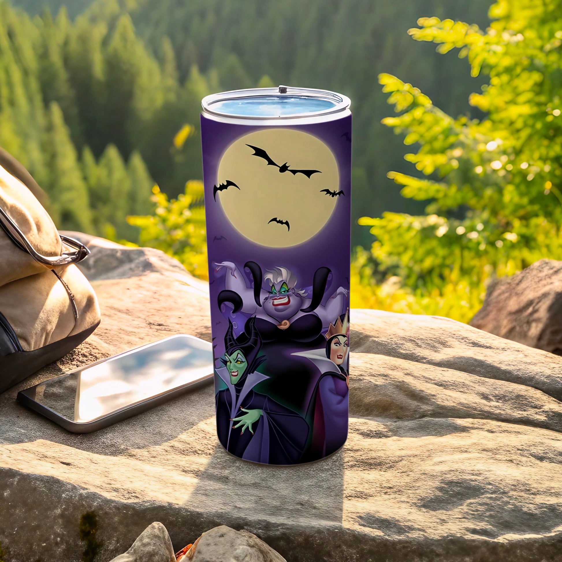 Halloween Villains Tumbler With Bats and Full Moon Design