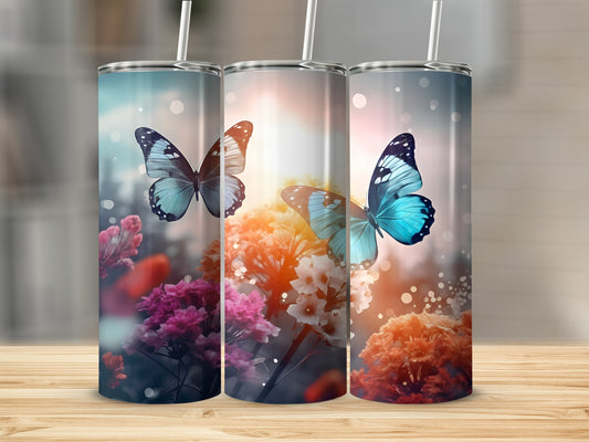 Three tumblers with butterflies and floral designs on a wooden surface.