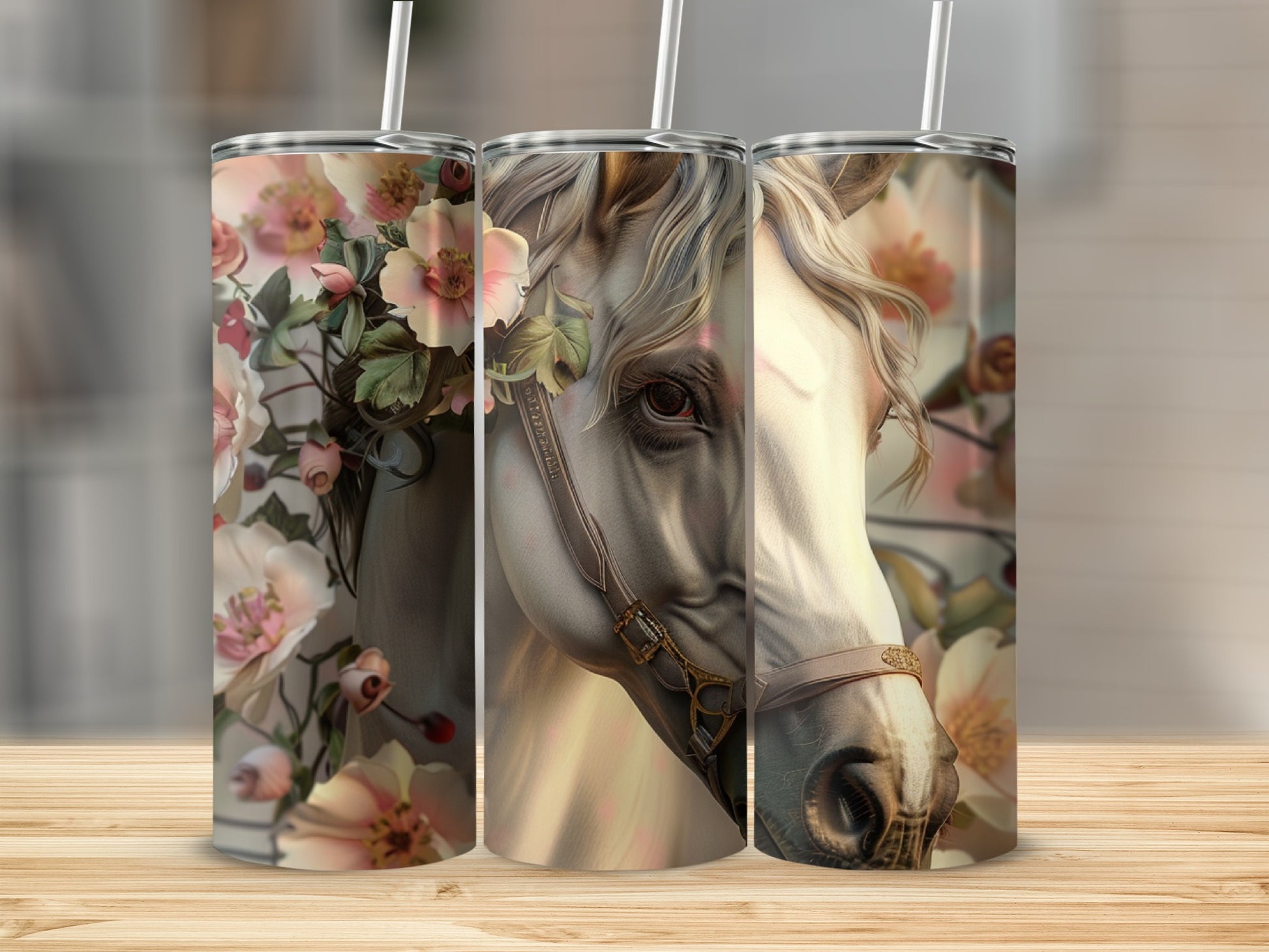 White horse with floral accents on a decorative tumbler.