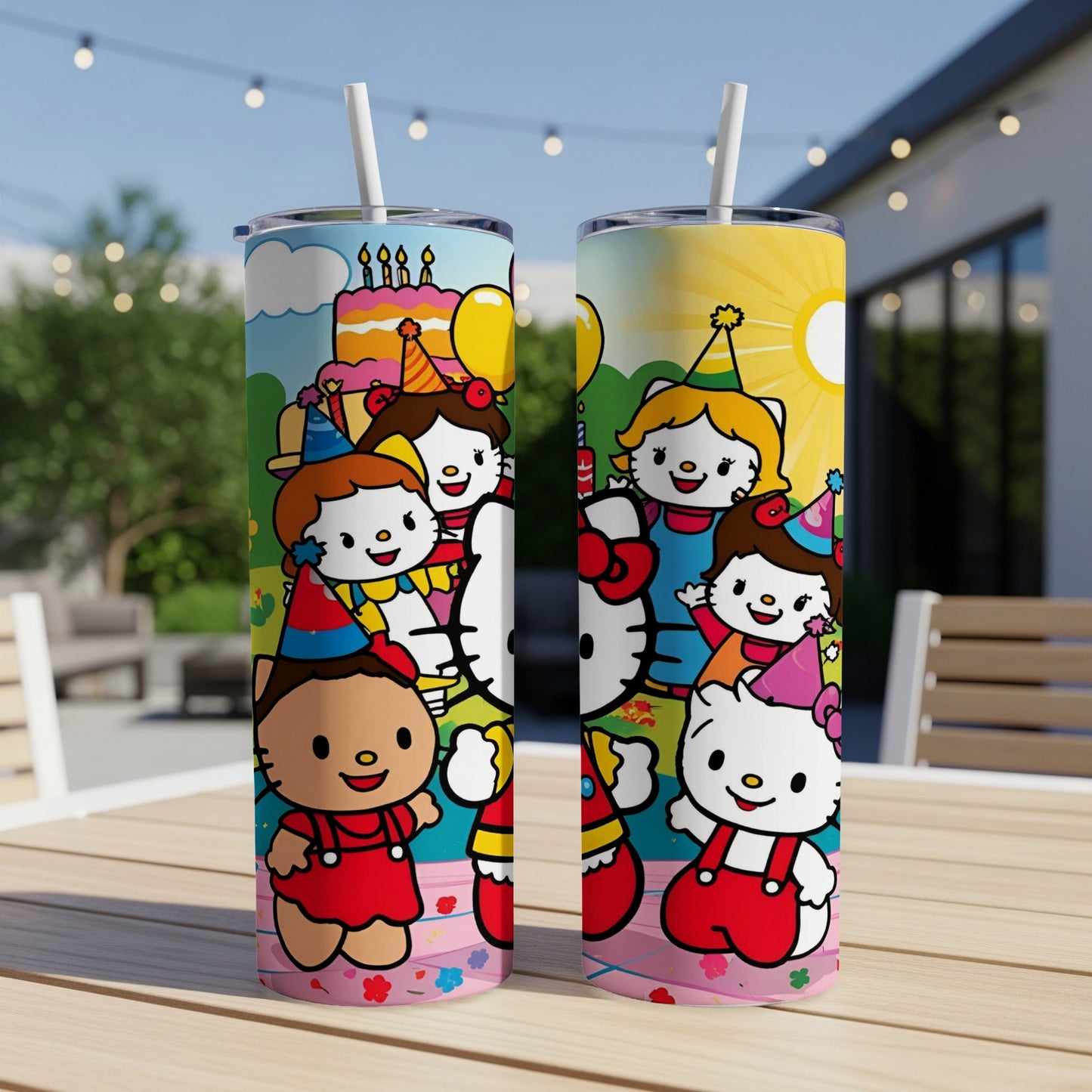 Hello Kitty and friends celebrating birthday on tumblers.