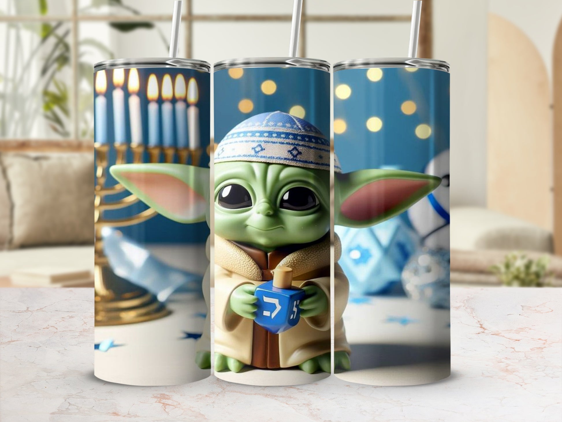 Hanukkah Baby Alien with Menorah and Dreidel Tumblers