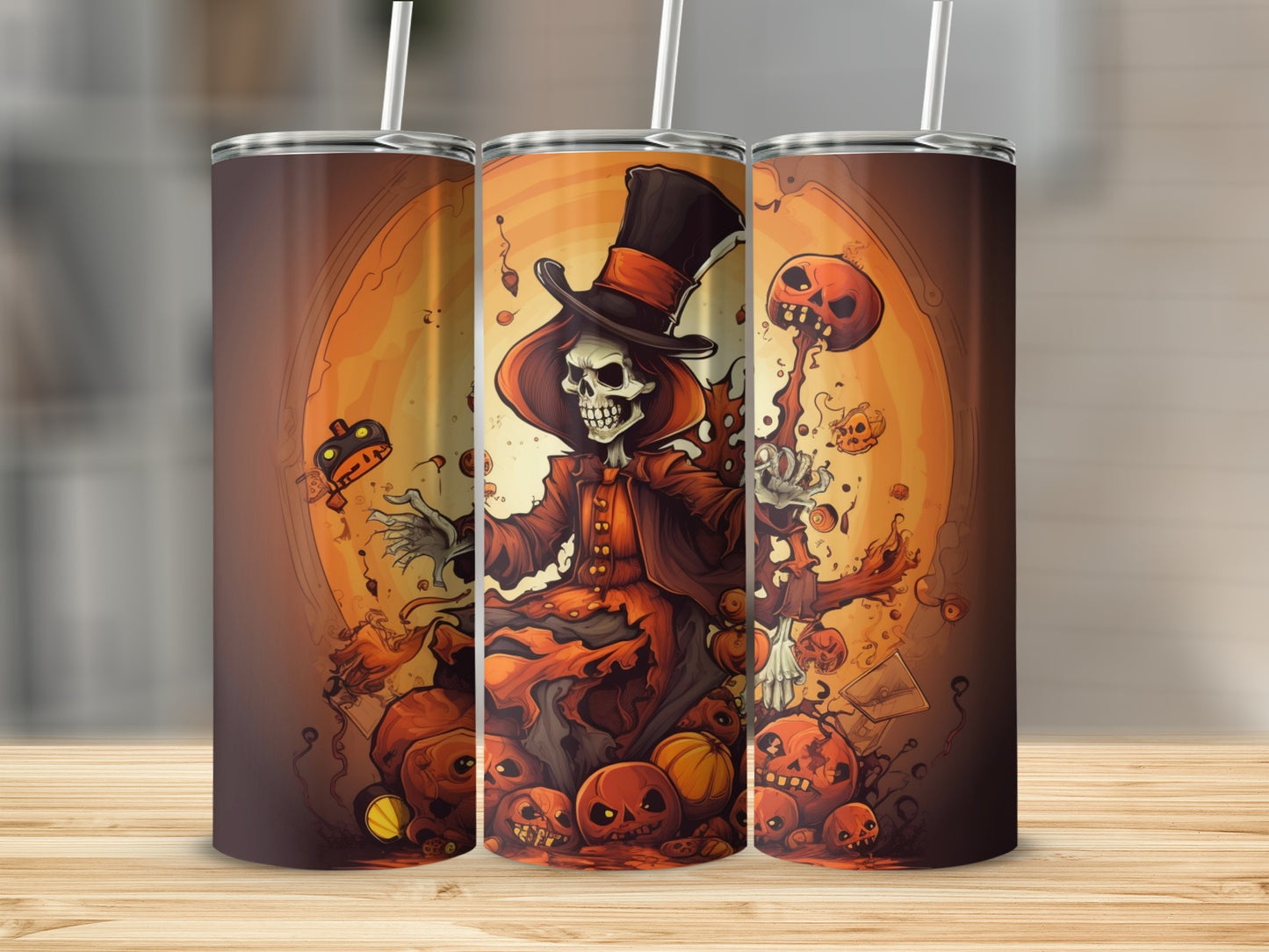 Skeleton in a top hat surrounded by pumpkins and Halloween motifs on a tumbler.