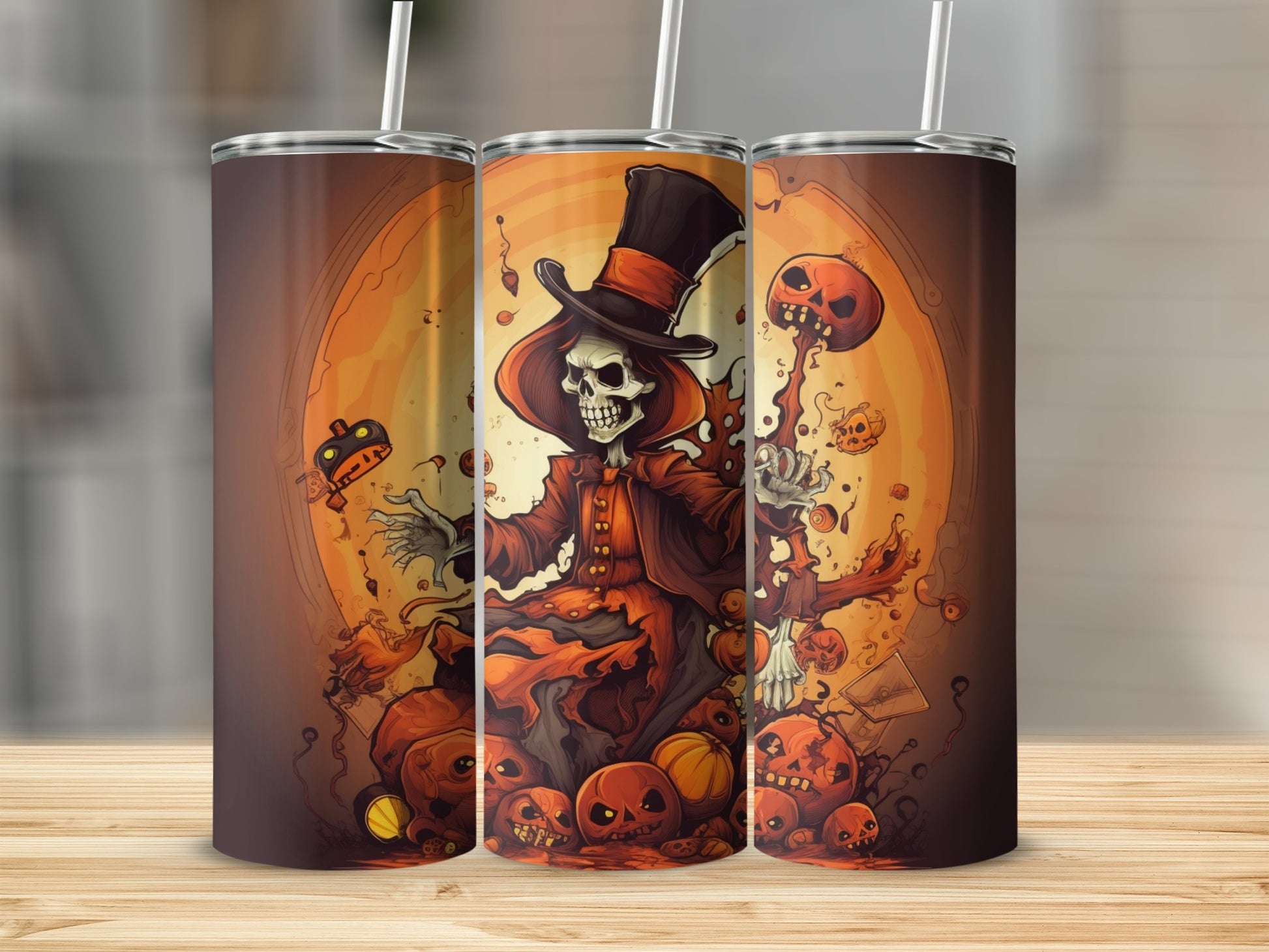Skeleton in a top hat surrounded by pumpkins and Halloween motifs on a tumbler.