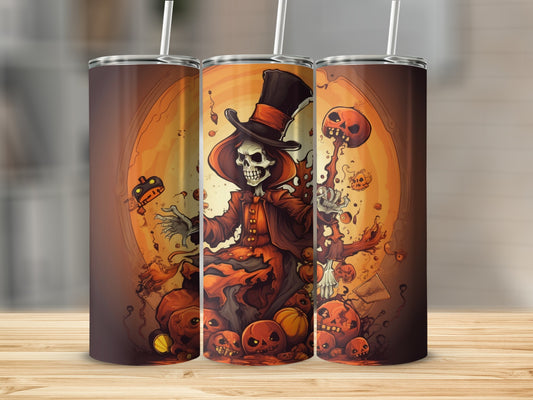 Skeleton in a top hat surrounded by pumpkins and Halloween motifs on a tumbler.