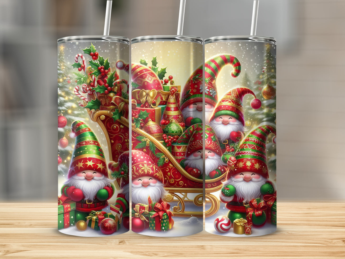 Christmas gnomes in a sleigh overflowing with gifts and ornaments.
