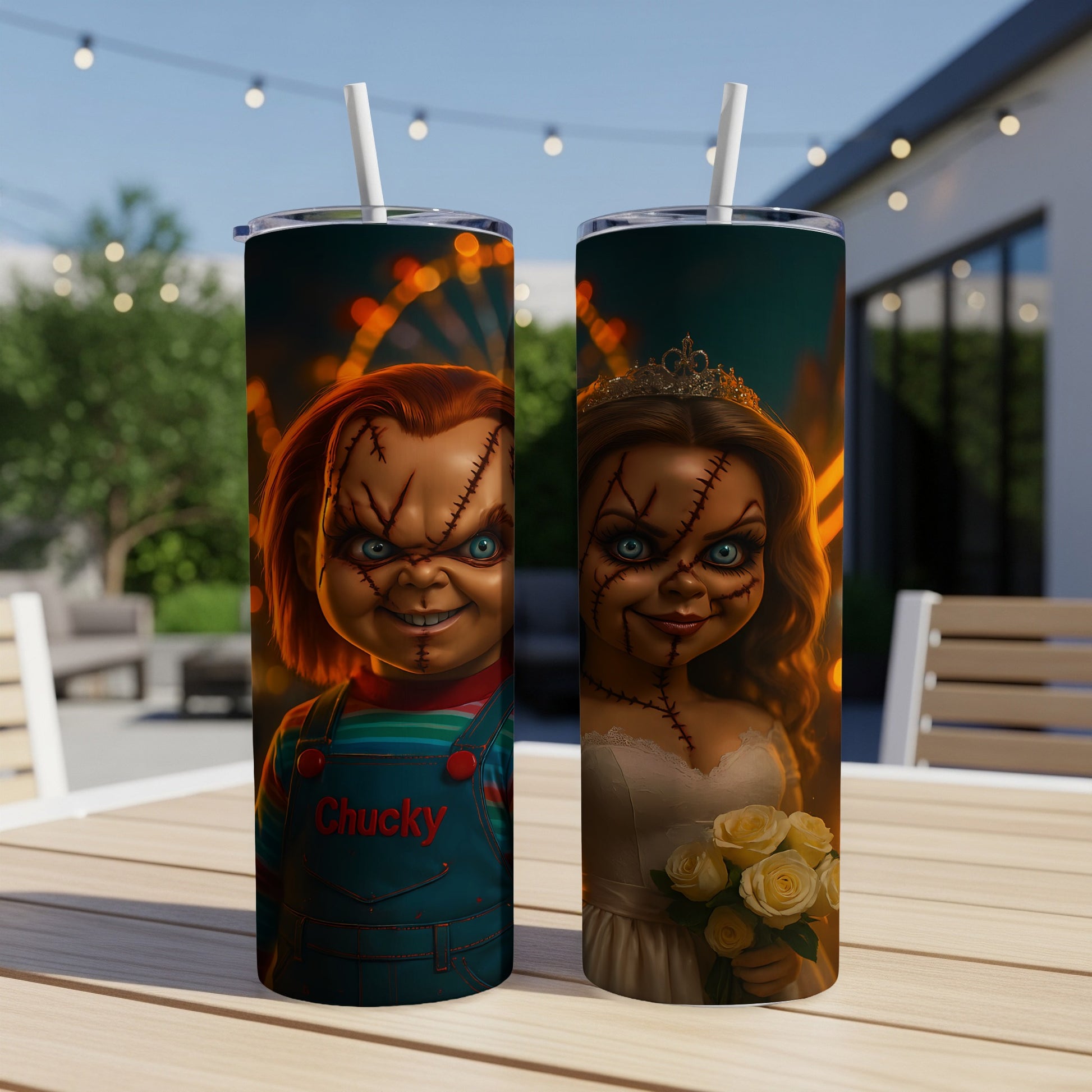 Two tumblers featuring Chucky and Tiffany from Child's Play, one in overalls, one in a wedding dress.