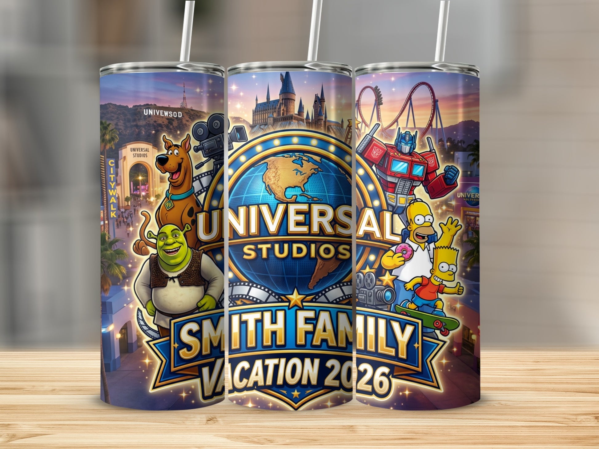 Universal Studios Smith Family Vacation 2026 tumbler featuring Shrek, Scooby-Doo, Transformers, and The Simpsons.