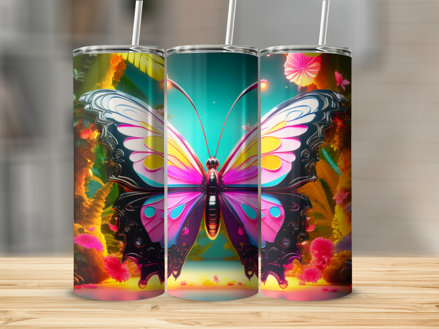 Three stainless steel tumblers featuring a colorful butterfly design with floral accents.