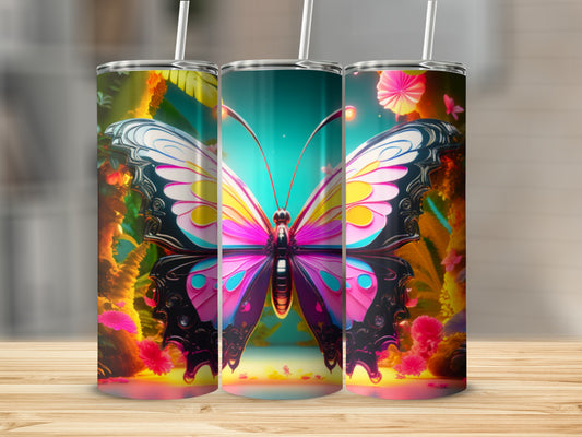 Three stainless steel tumblers featuring a colorful butterfly design with floral accents.