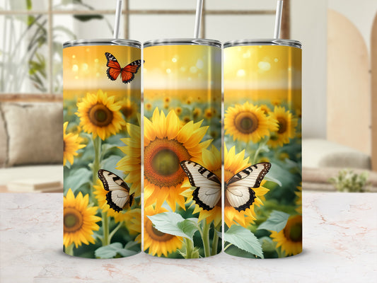 Three sunflowers on a field with butterflies, against a blurred sunny background.