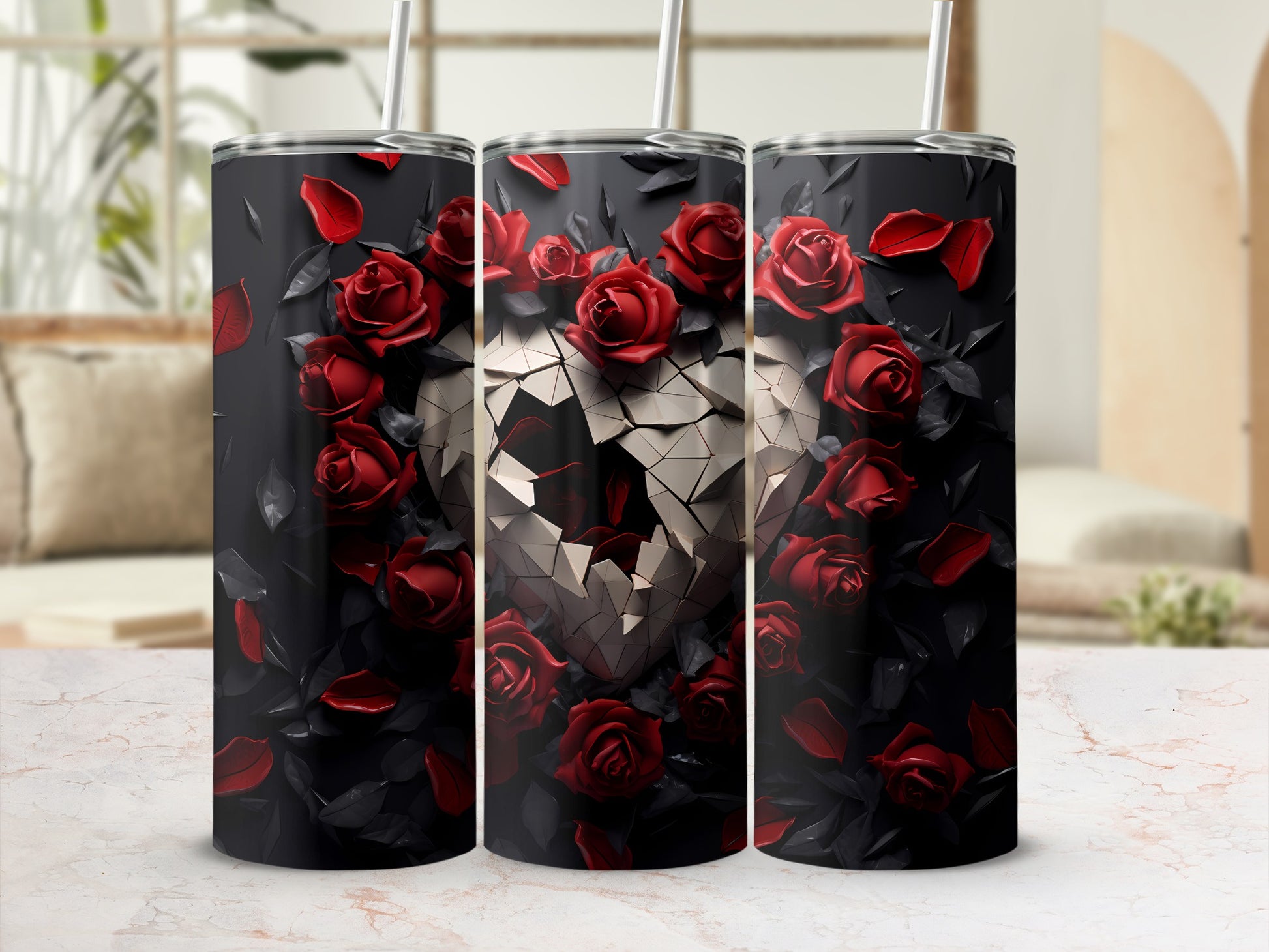 Geometric Heart with Red Roses Art Tumbler Product