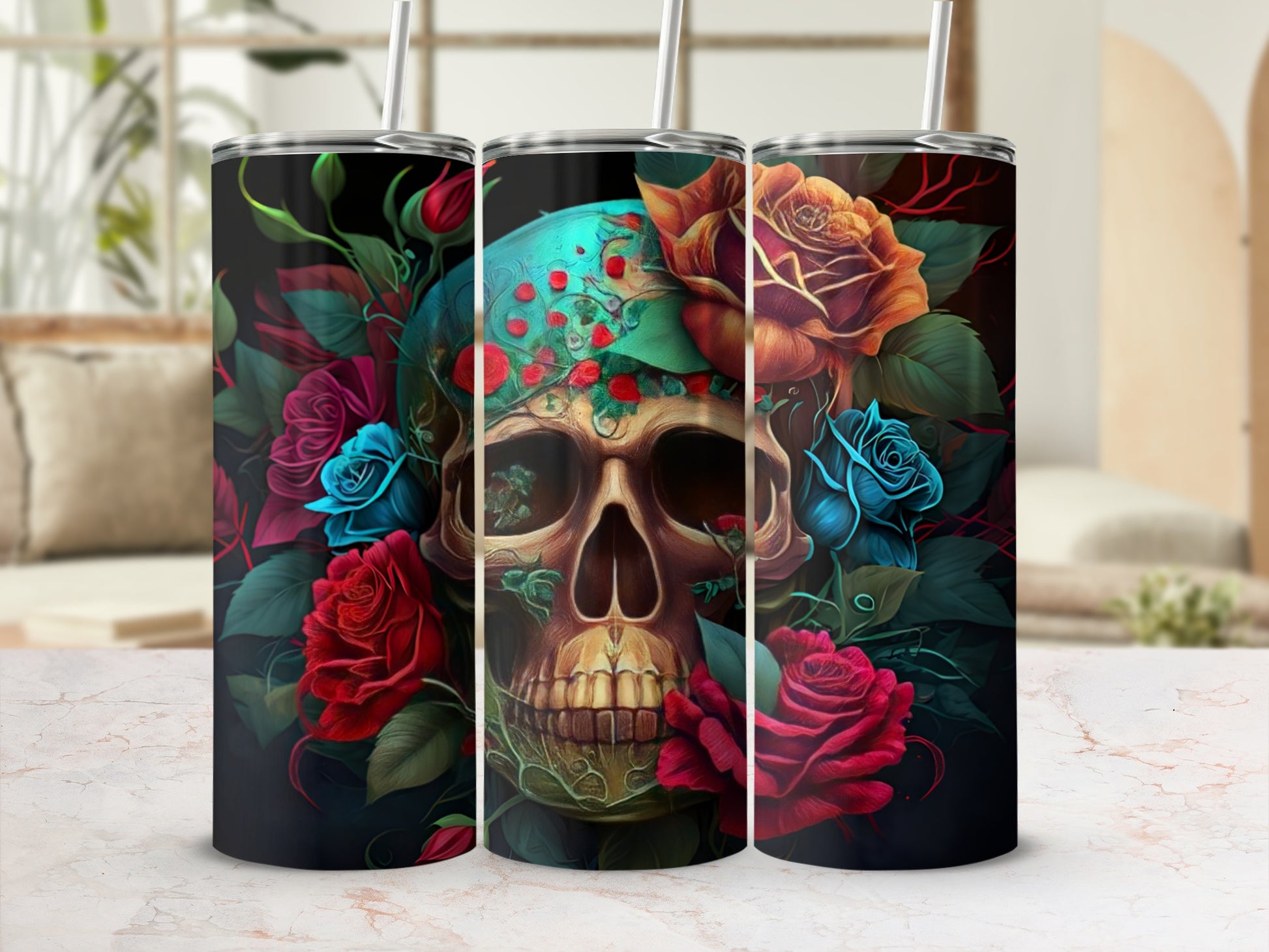 Skull surrounded by colorful roses on a black background.