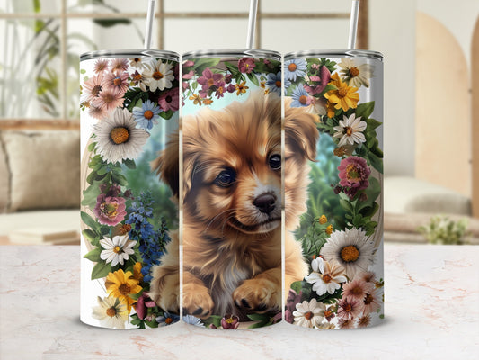 Golden puppy surrounded by floral wreath on a tumbler.