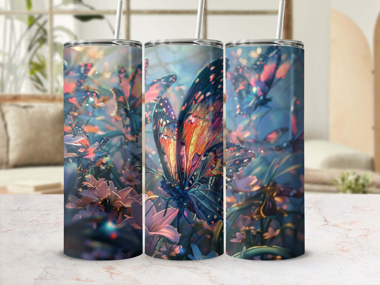 Three tumblers with a close-up, vibrant butterfly and flower design.