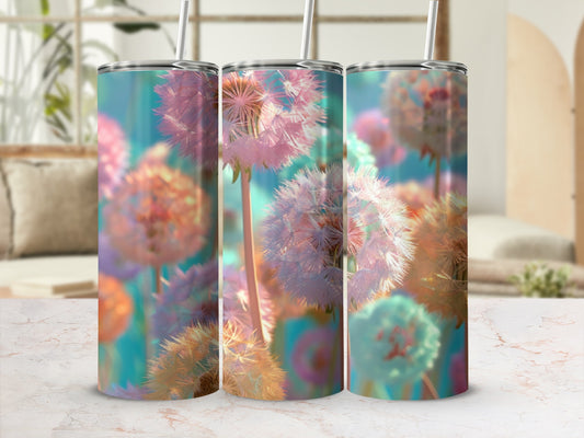 Three tumblers with a bokeh dandelion floral pattern.