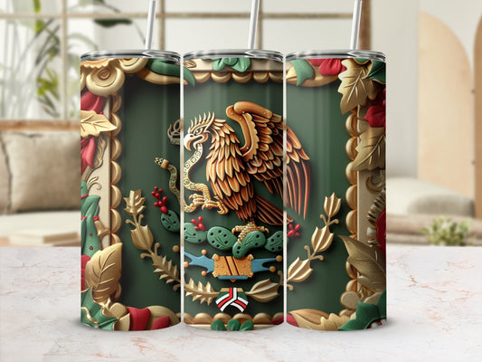 Gold eagle on a dark green tumbler with ornate floral borders.