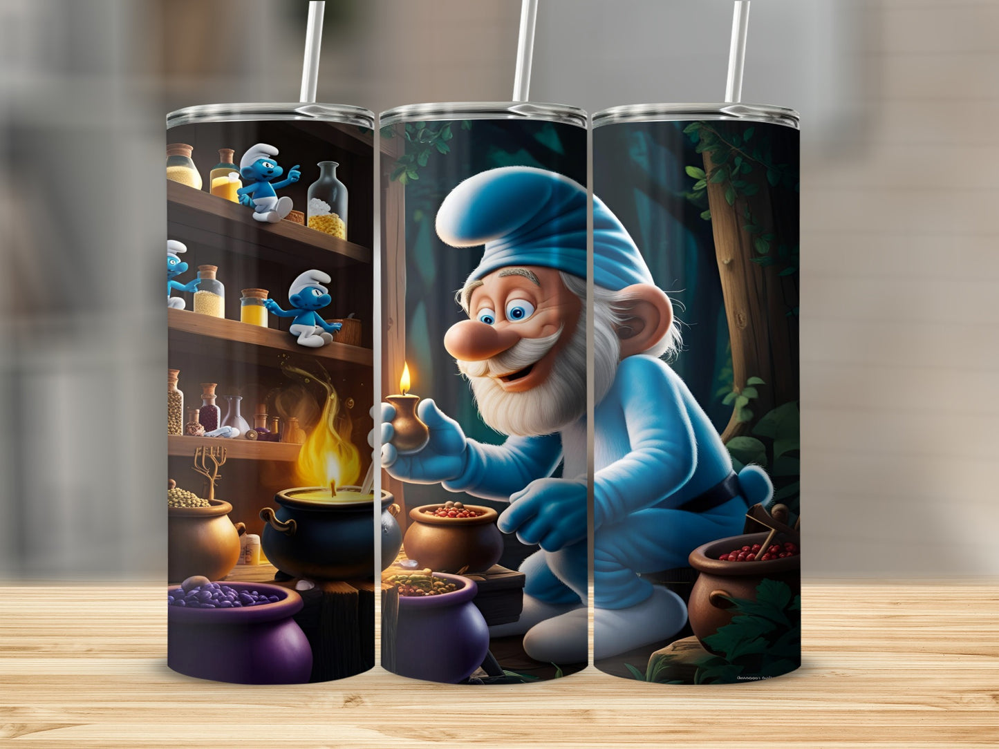 Gnome holding a candle over a cauldron, with shelves and plants in background.