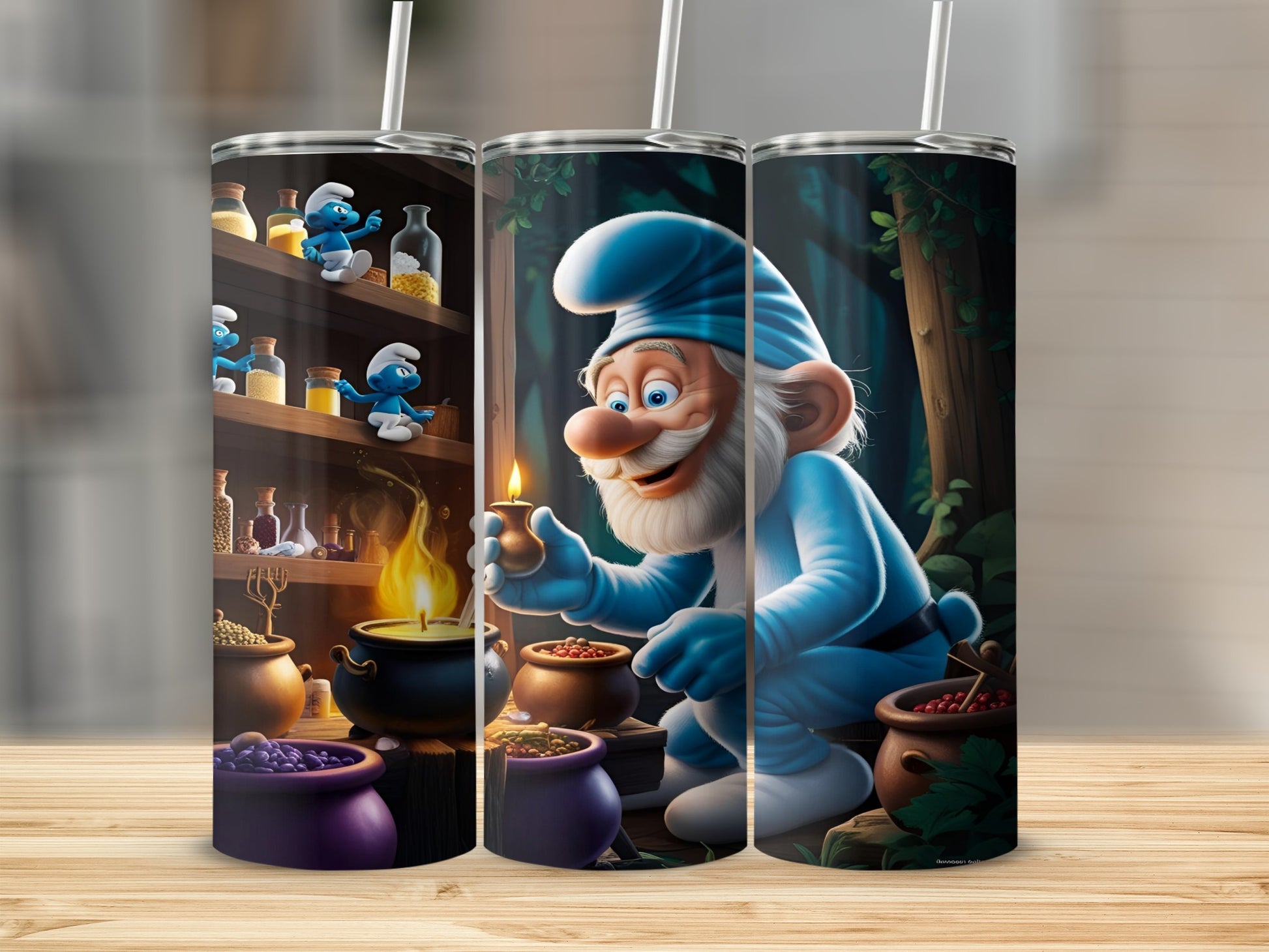 Gnome holding a candle over a cauldron, with shelves and plants in background.
