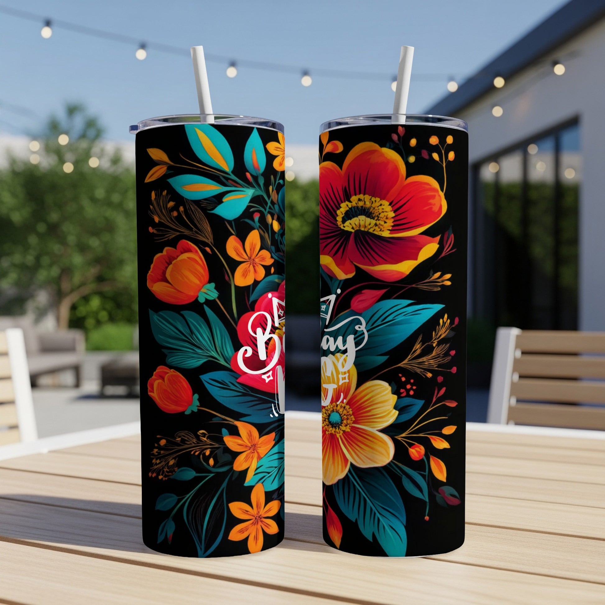 Two tall tumblers with bright floral designs and "Happy Birthday" text.
