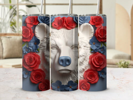 White bear head with red roses and blue flowers on a blue background.