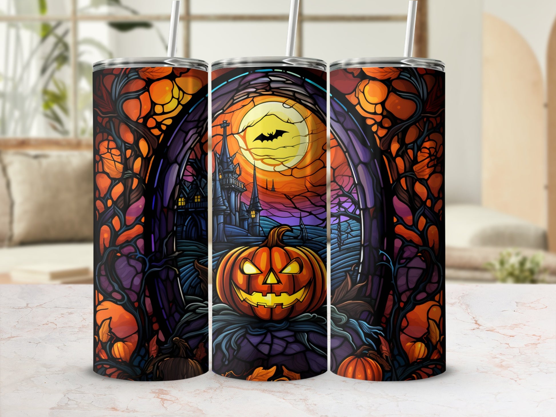 Halloween tumbler with spooky jack-o'-lantern, castle, and moon.