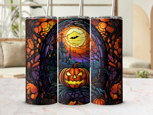 Halloween tumbler with spooky jack-o'-lantern, castle, and moon.