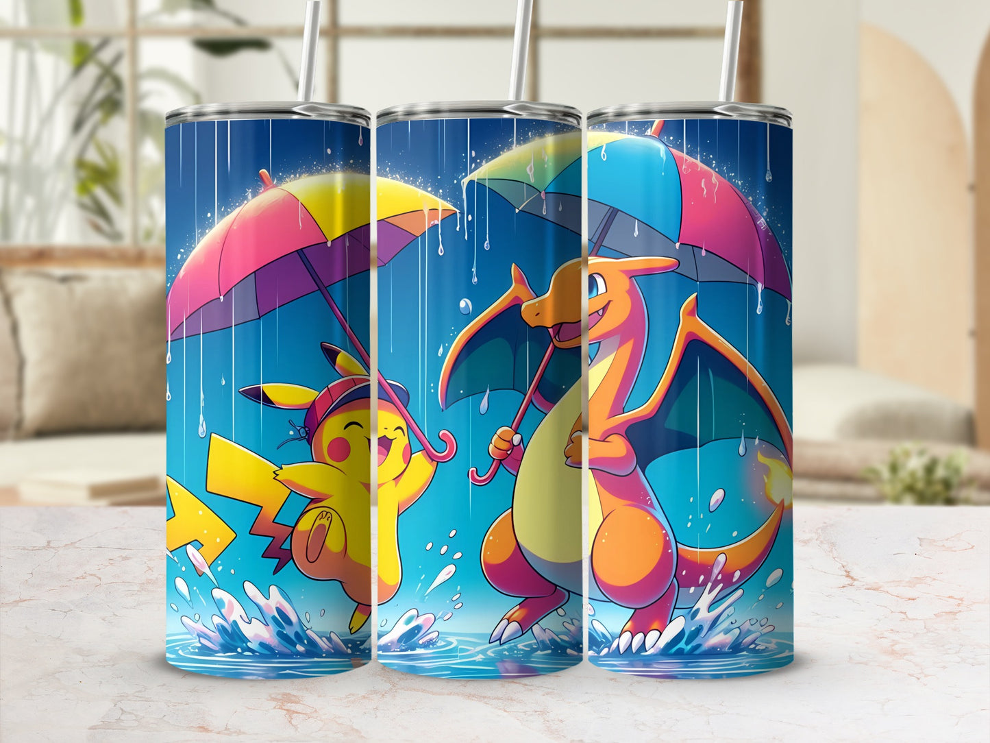 Colorful Cartoon Characters with Umbrellas Tumbler