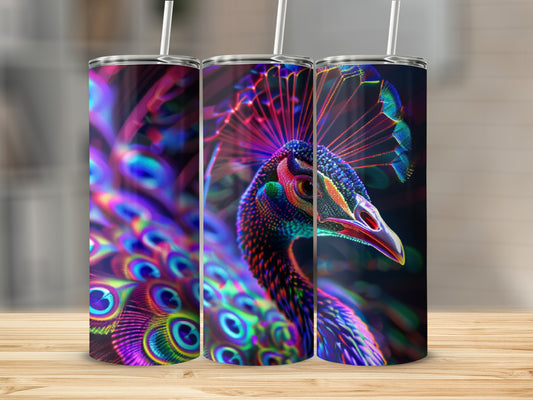 Triptych of tumblers featuring a vibrant, colorful peacock with ornate feathers.