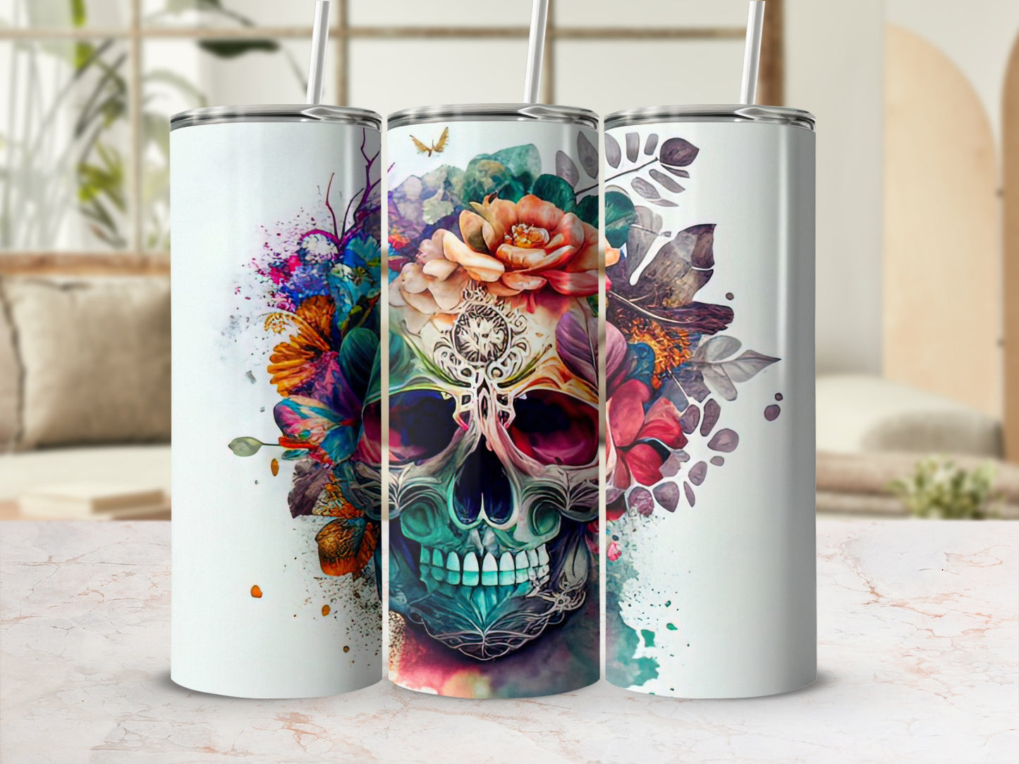Colorful Floral Skull Art Insulated Tumbler Product