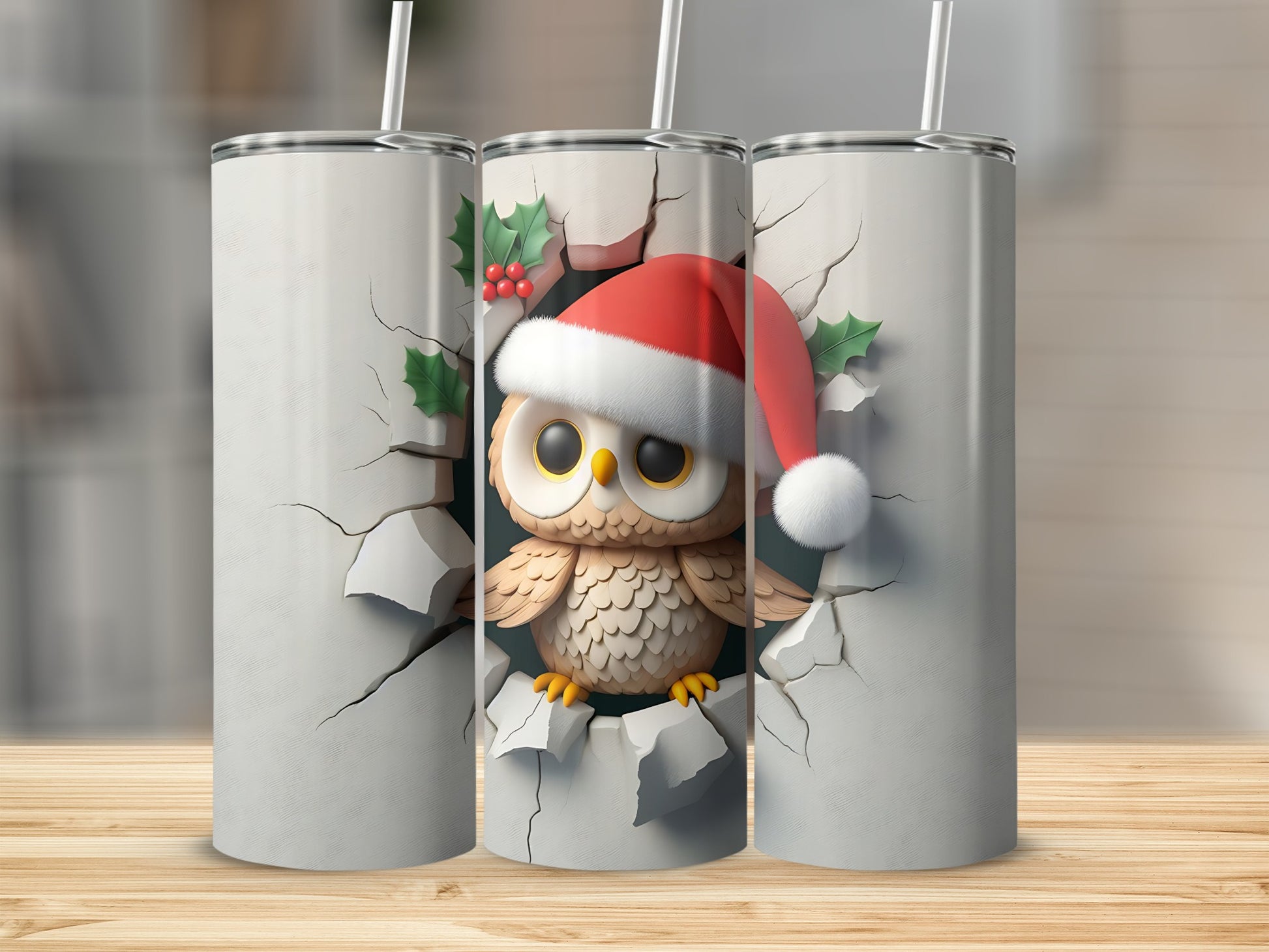 Owl wearing Santa hat peeking through cracked wall on tumbler.