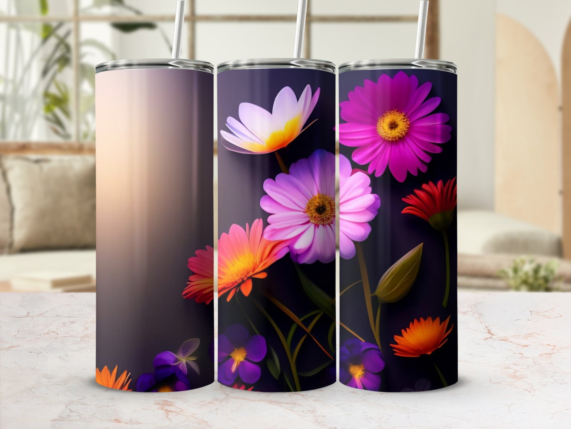 Colorful Floral Design Tumbler With Straw