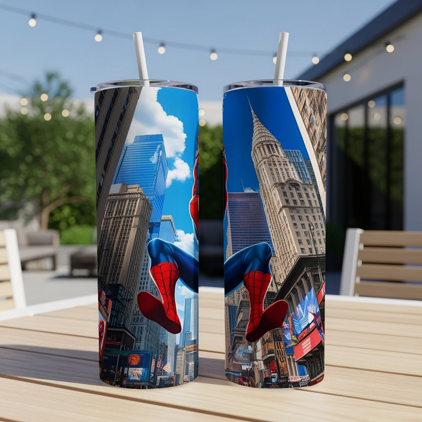 Spider-Man swinging between tall buildings on two reusable tumblers.