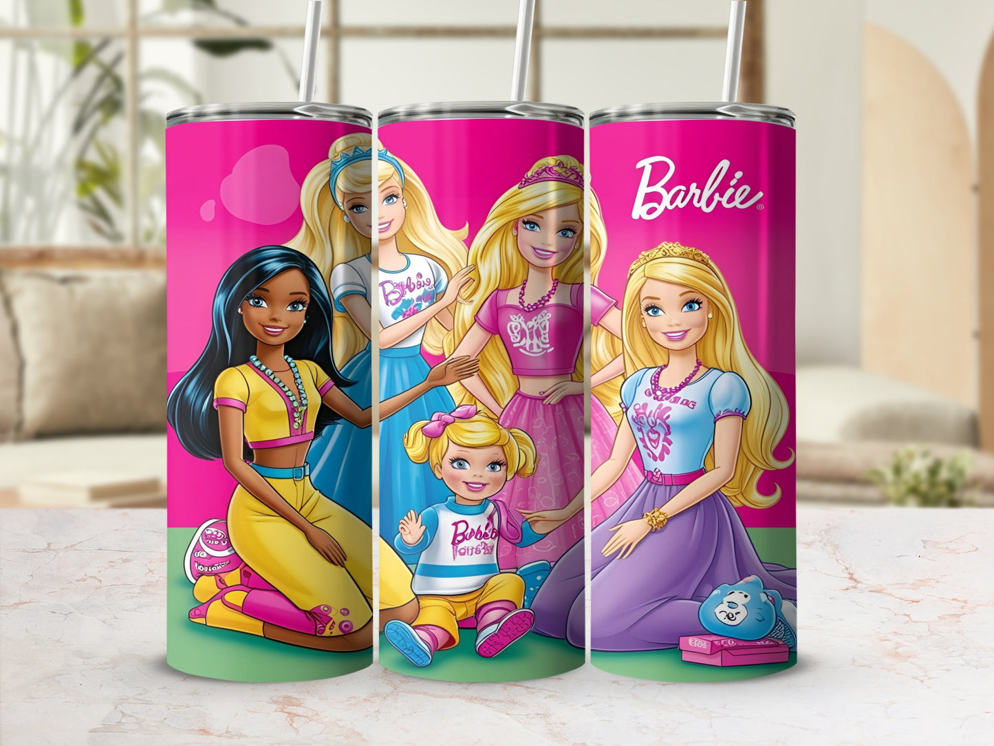 Barbie characters in colorful outfits, with "Barbie" logo on pink tumblers.