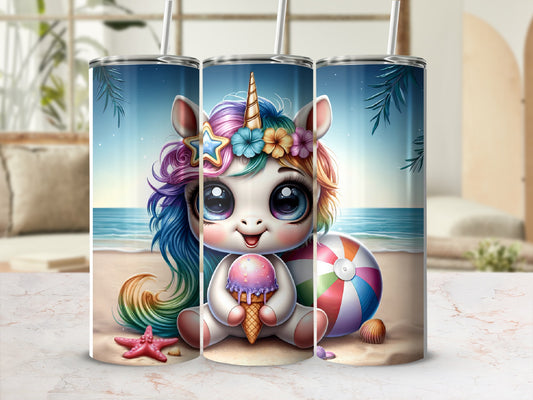 Cartoon unicorn holding ice cream cone on beach with beach ball and starfish.