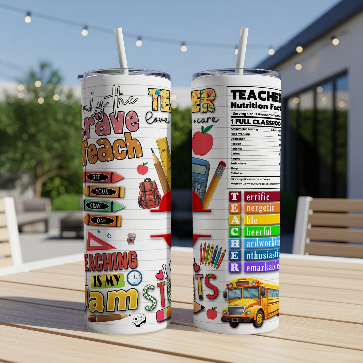 Tumbler with "TEACHER" text and school-themed graphics.