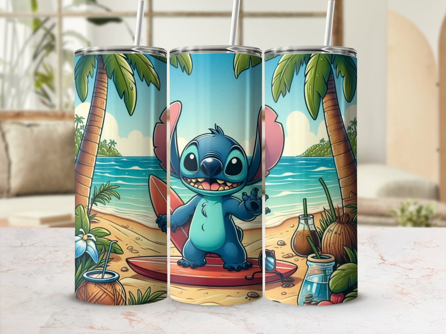 Tropical Cartoon Beach Scene Tumbler with Cute Character