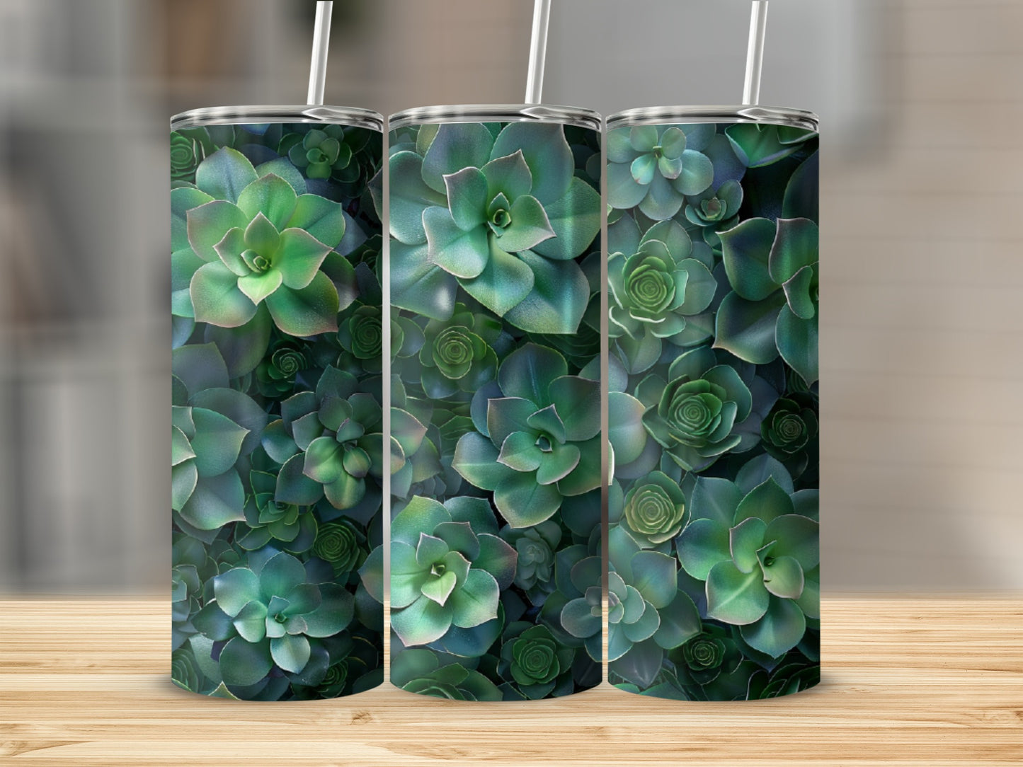 Three tumblers with a green succulent plant pattern.