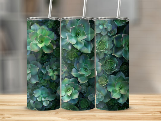 Three tumblers with a green succulent plant pattern.